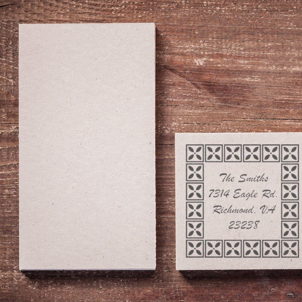 Blank notecard and decorative mailing address card showing The Smiths at 7314 Eagle Rd, Richmond VA 23238 on wood table