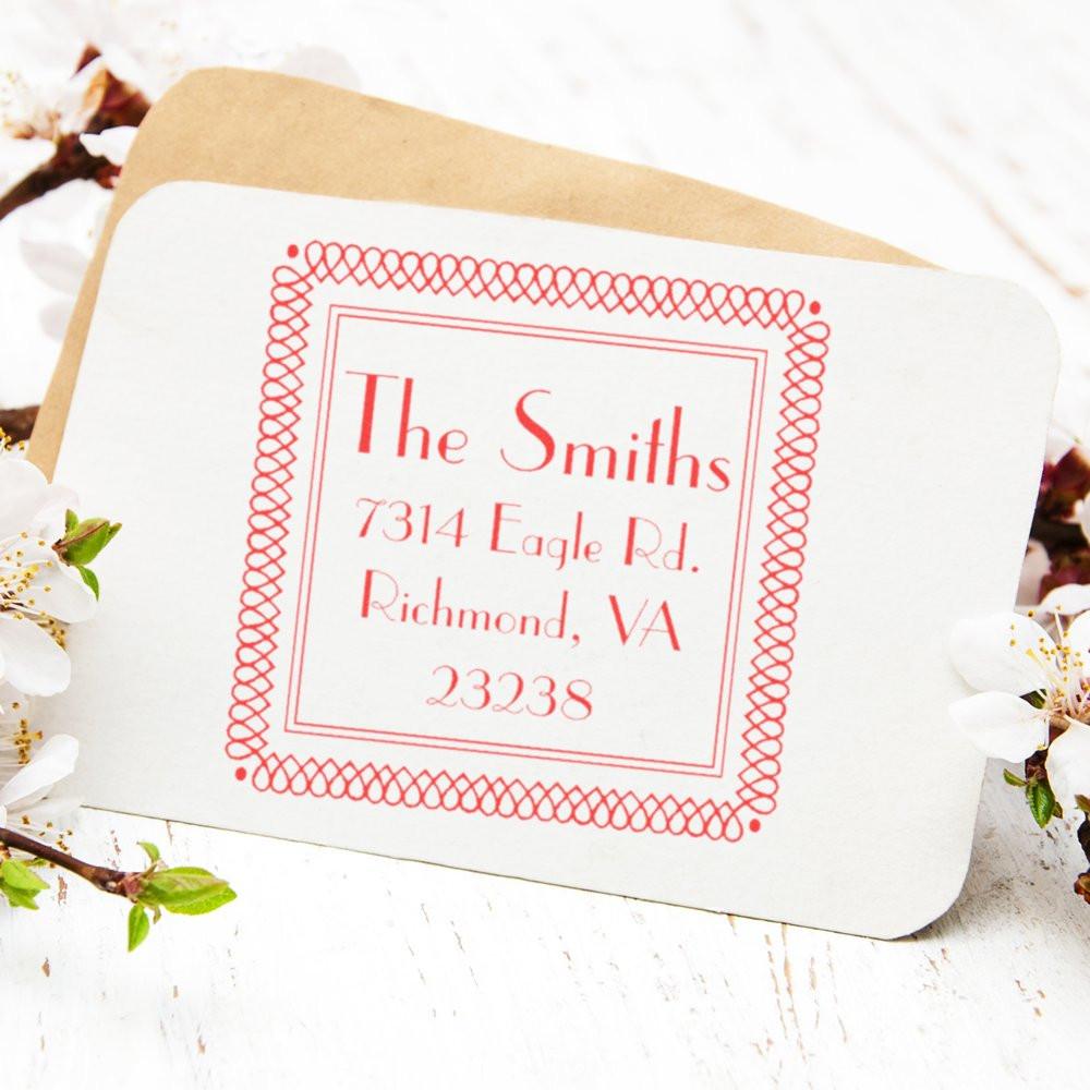 Personalized return address rubber stamp for The Smiths with decorative border, ideal for wedding invitations and envelopes.