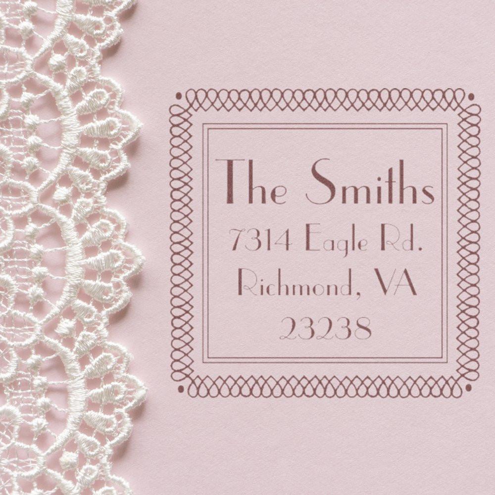 Personalized return address rubber stamp with decorative border for envelopes, featuring The Smiths, Richmond, VA.