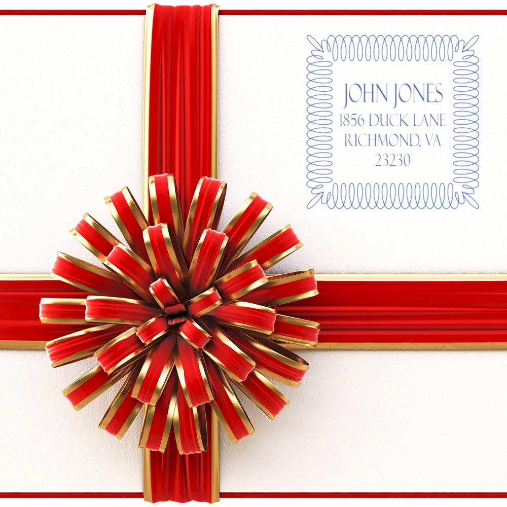 Custom return address rubber stamp sample with elegant red ribbon gift design for wedding invitations, stationery, and packaging.