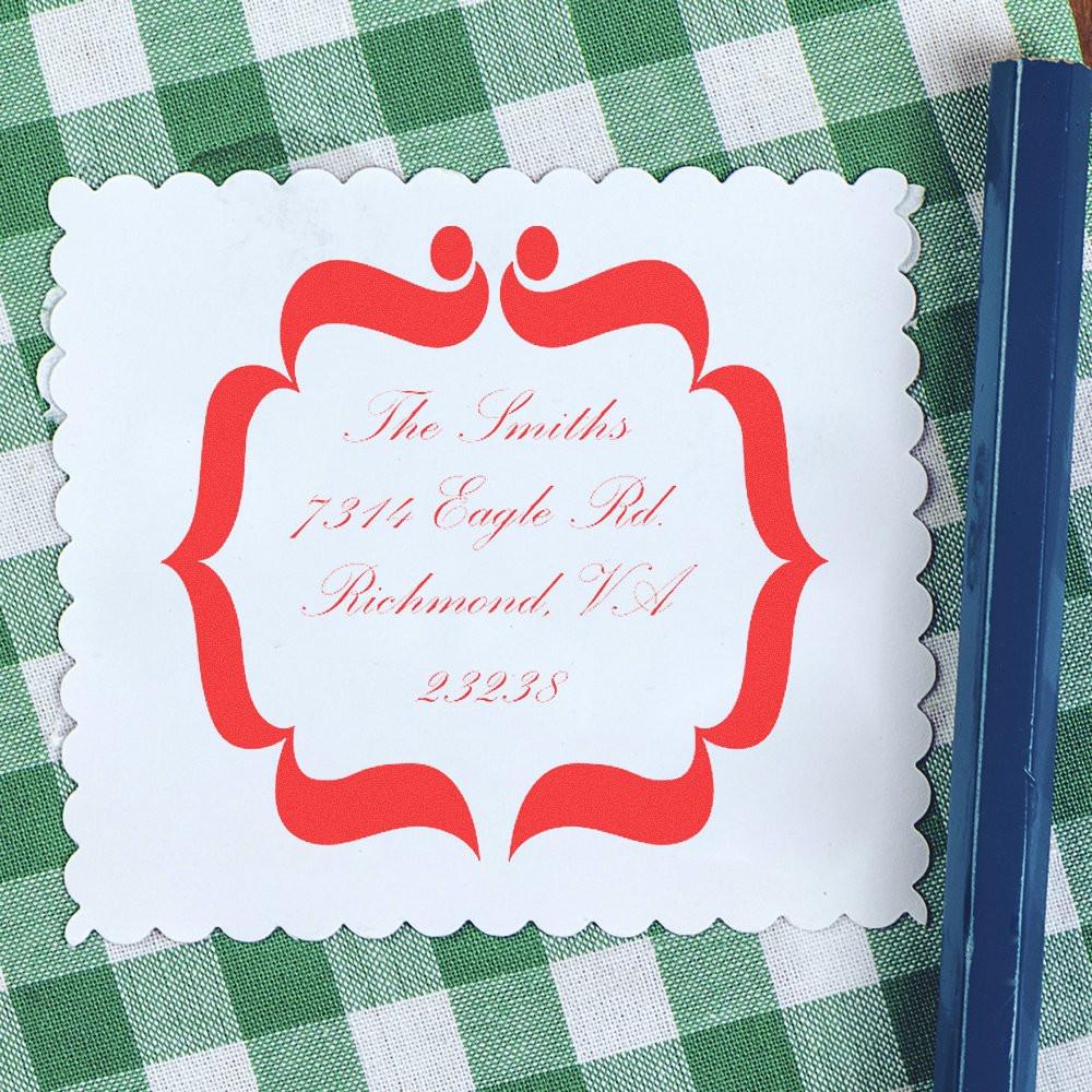 Custom address rubber stamp with ornate red frame, featuring The Smiths, Richmond, VA 23238 on a scalloped white card.