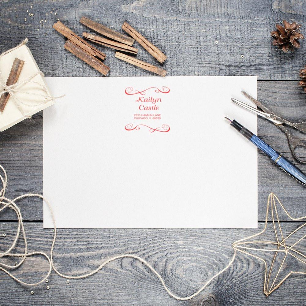 Custom rubber stamp return address on wedding invitation for personalized stationery and envelopes.