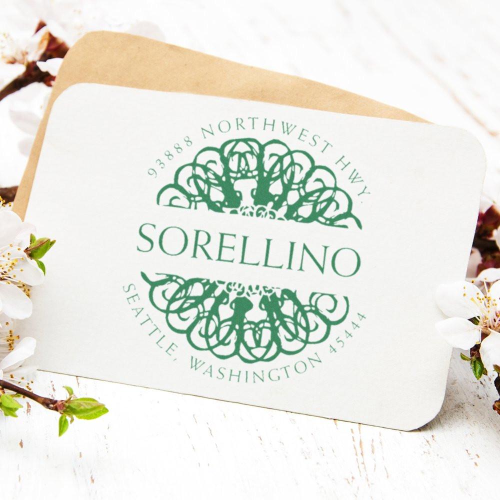 Personalized return address rubber stamp with floral monogram for Sorellino, Seattle, Washington envelopes