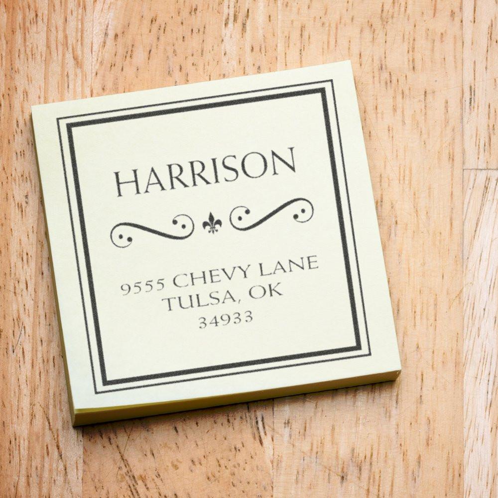 Custom name card for Harrison with 9555 Chevy Lane, Tulsa, OK 3493return address label for mailing.