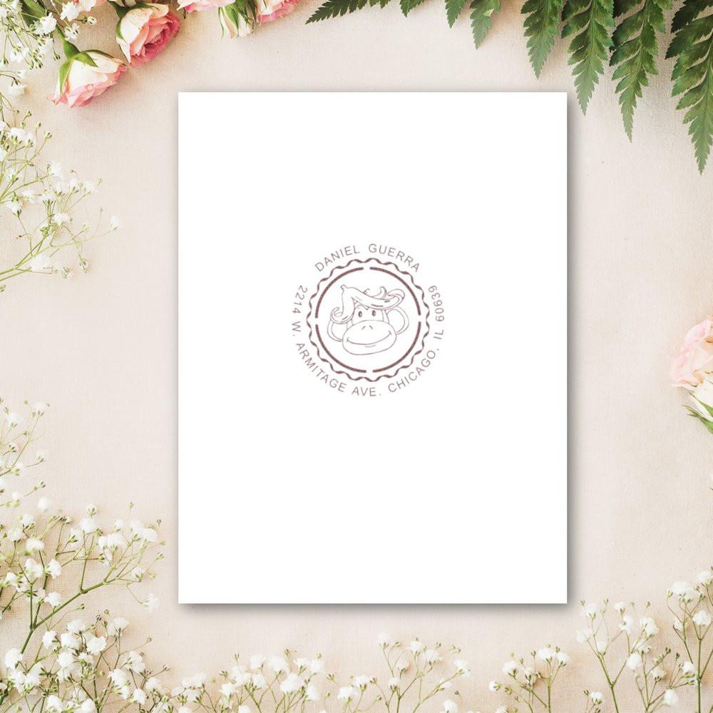 Personalized return address rubber stamp with monkey logo for Daniel Guerra, Chicago, IL 60639.