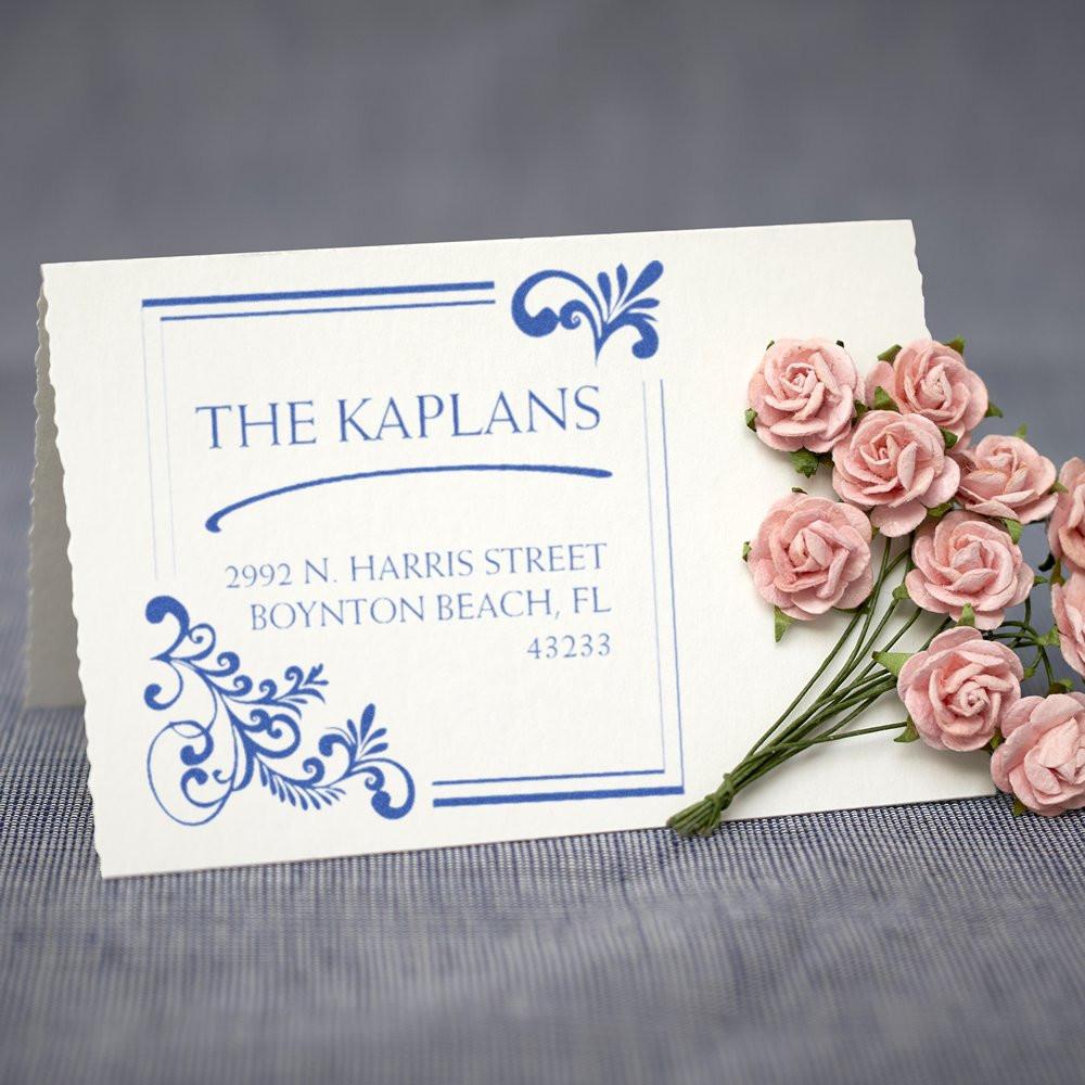 Custom address rubber stamp with floral design, featuring The Kaplans return address for Boynton Beach, FL invitations