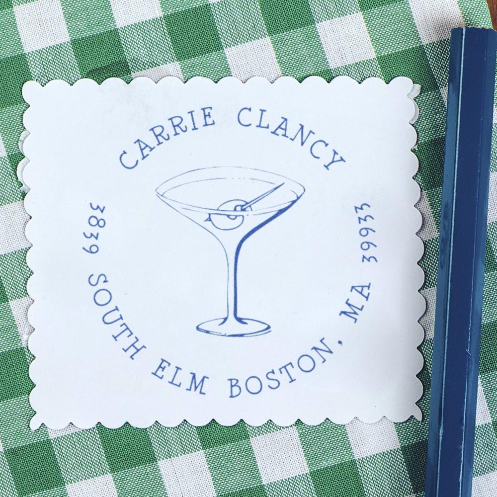 Custom rubber stamp impression with martini glass design and personalized name and Boston, MA address.