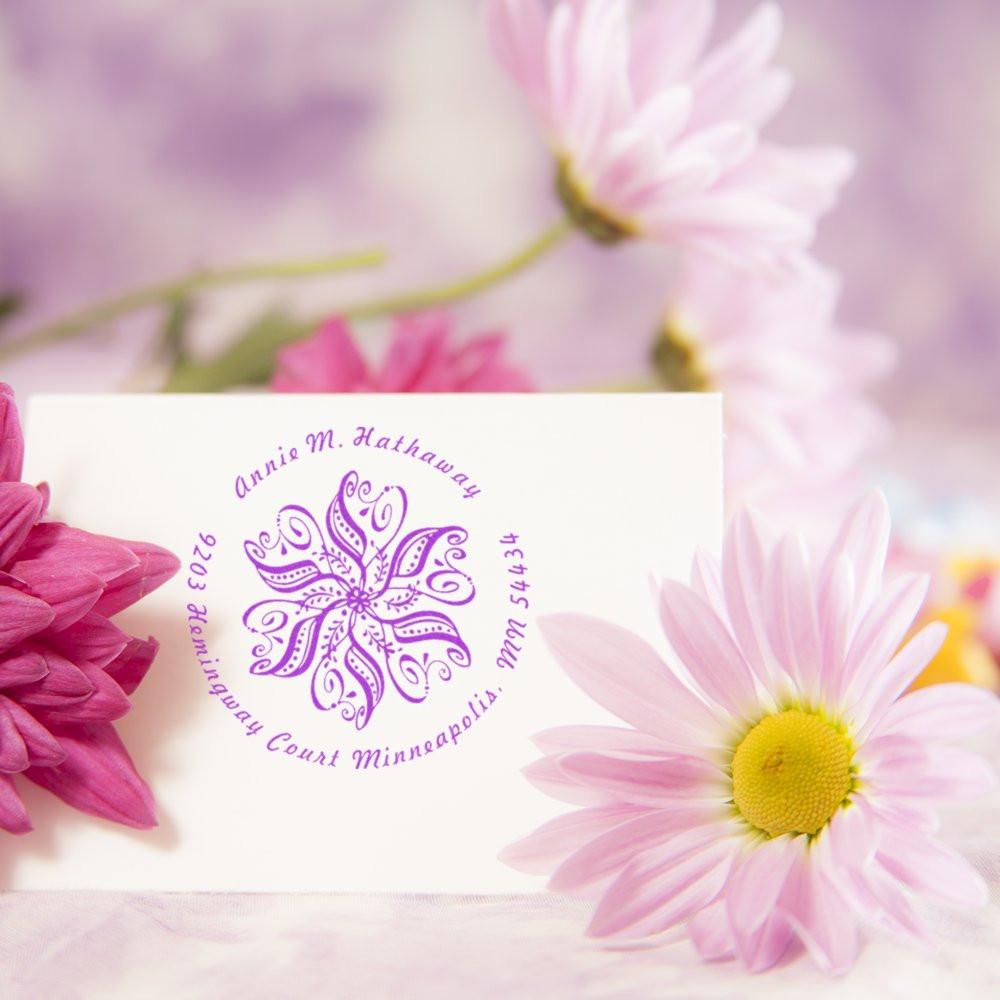 Custom floral return address rubber stamp with purple mandala design for personalized wedding envelopes.