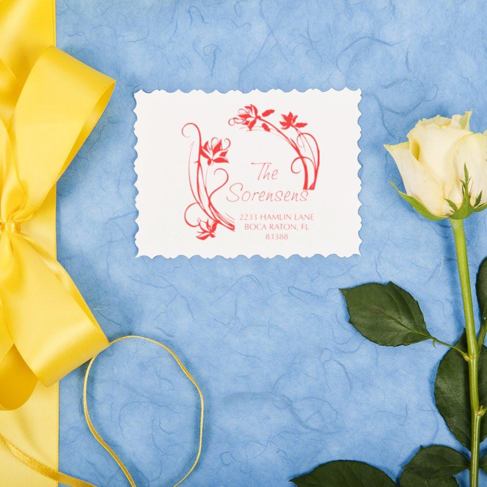 Custom floral wedding return address rubber stamp for envelopes, featuring The Sorensens address and elegant red monogram.
