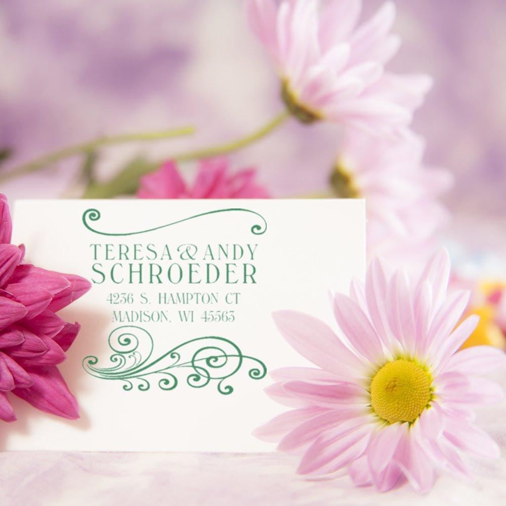 Personalized floral return address rubber stamp with elegant green script for Teresa and Andy Schroeder