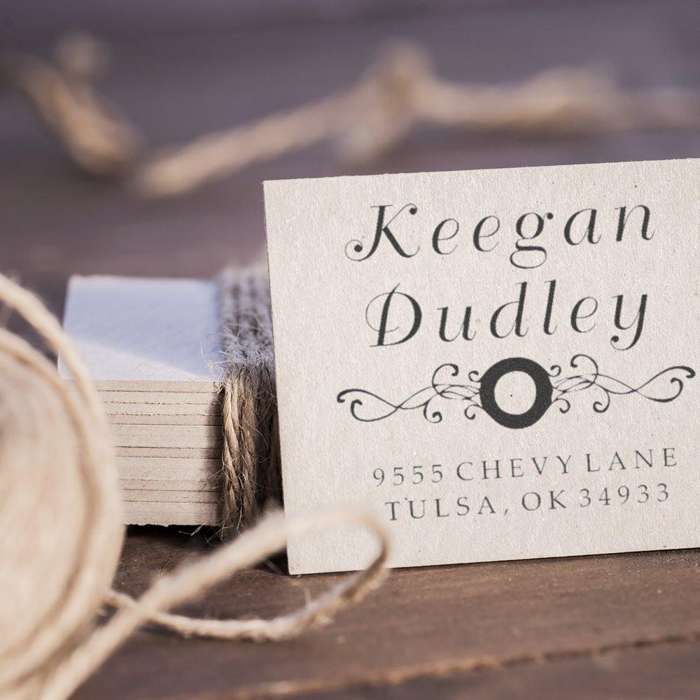 Custom return address rubber stamp with elegant name and address design for wedding invitations and stationery.