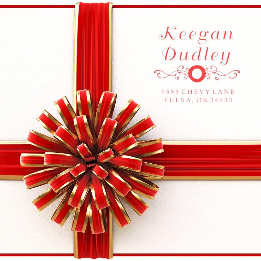 Personalized return address rubber stamp design with elegant red and gold gift wrap, featuring a custom name and address.