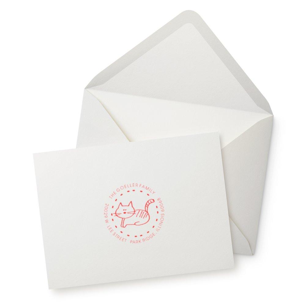 Custom cat family rubber stamp on envelope and card, ideal for personalized return address and mail branding.