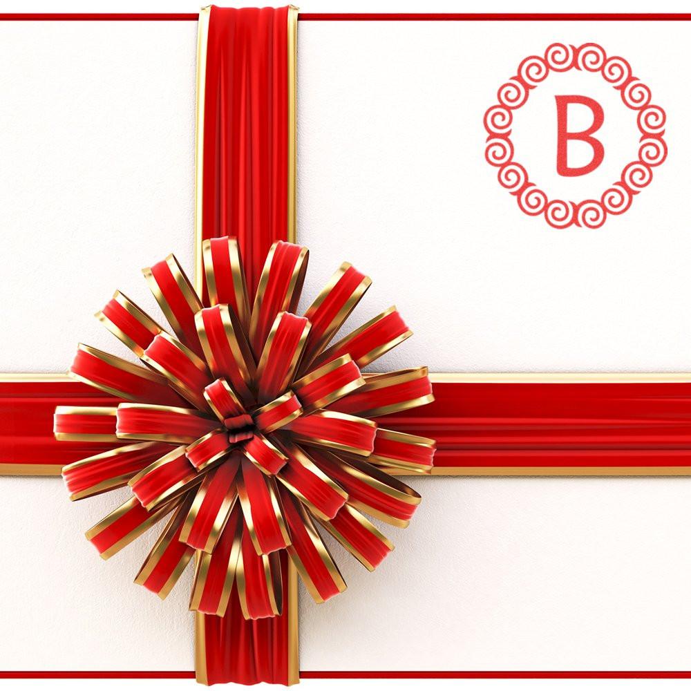 Elegant monogram B rubber stamp design with red and gold ribbon bow for gift packaging and invitations.