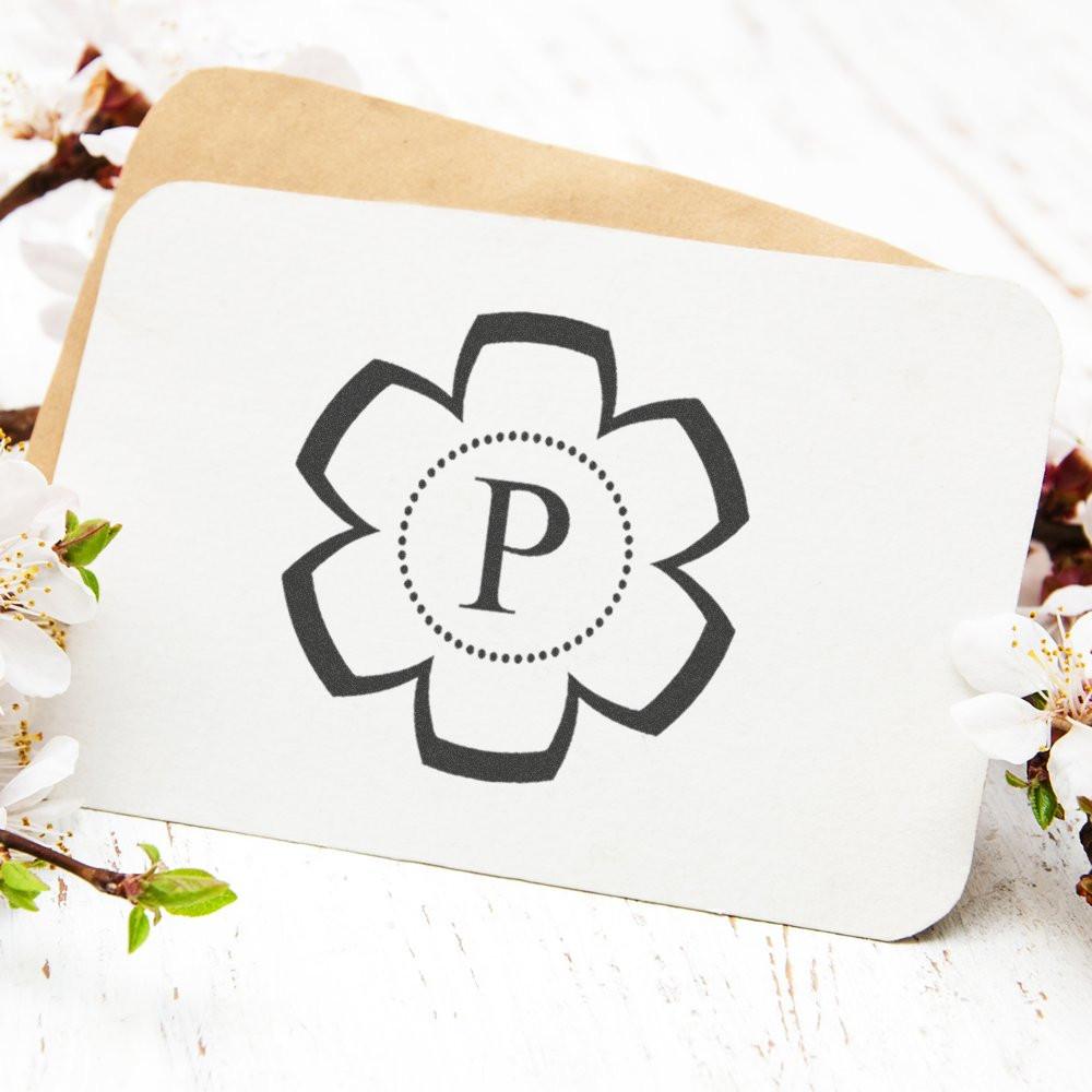 Personalized floral monogram rubber stamp with letter P for wedding invitations and stationery.