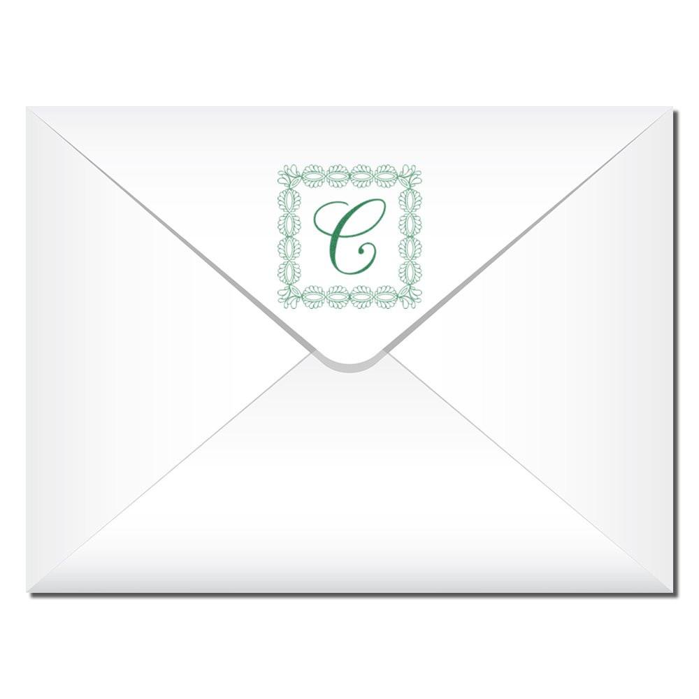 Personalized monogram rubber stamp with floral letter C for wedding invitations and custom envelopes.