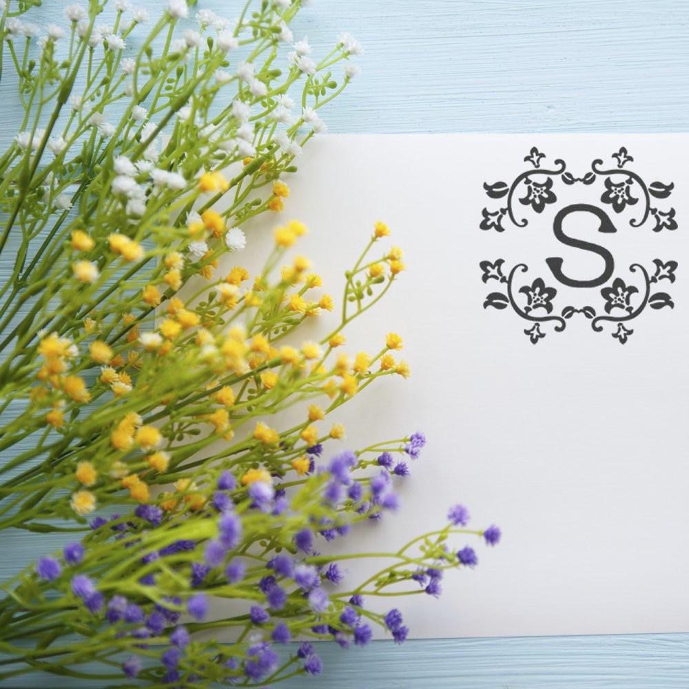 Floral monogram S rubber stamp design for custom wedding invitations, stationery and crafts.