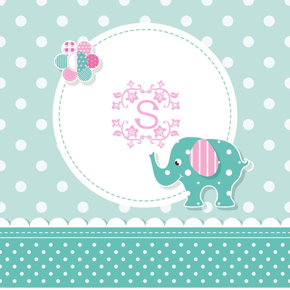 Personalized rubber stamp design with floral monogram S, baby elephant, and polka dot baby shower theme.