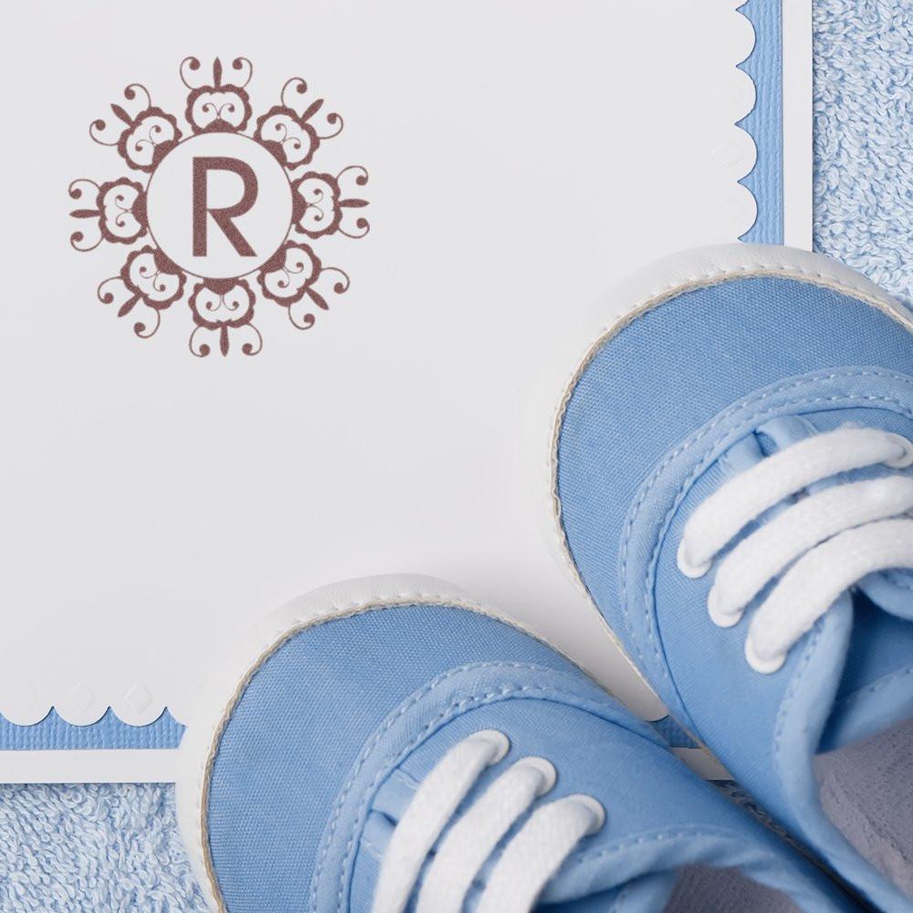 Personalized monogram rubber stamp with floral letter R for baby shower stationery and keepsake cards