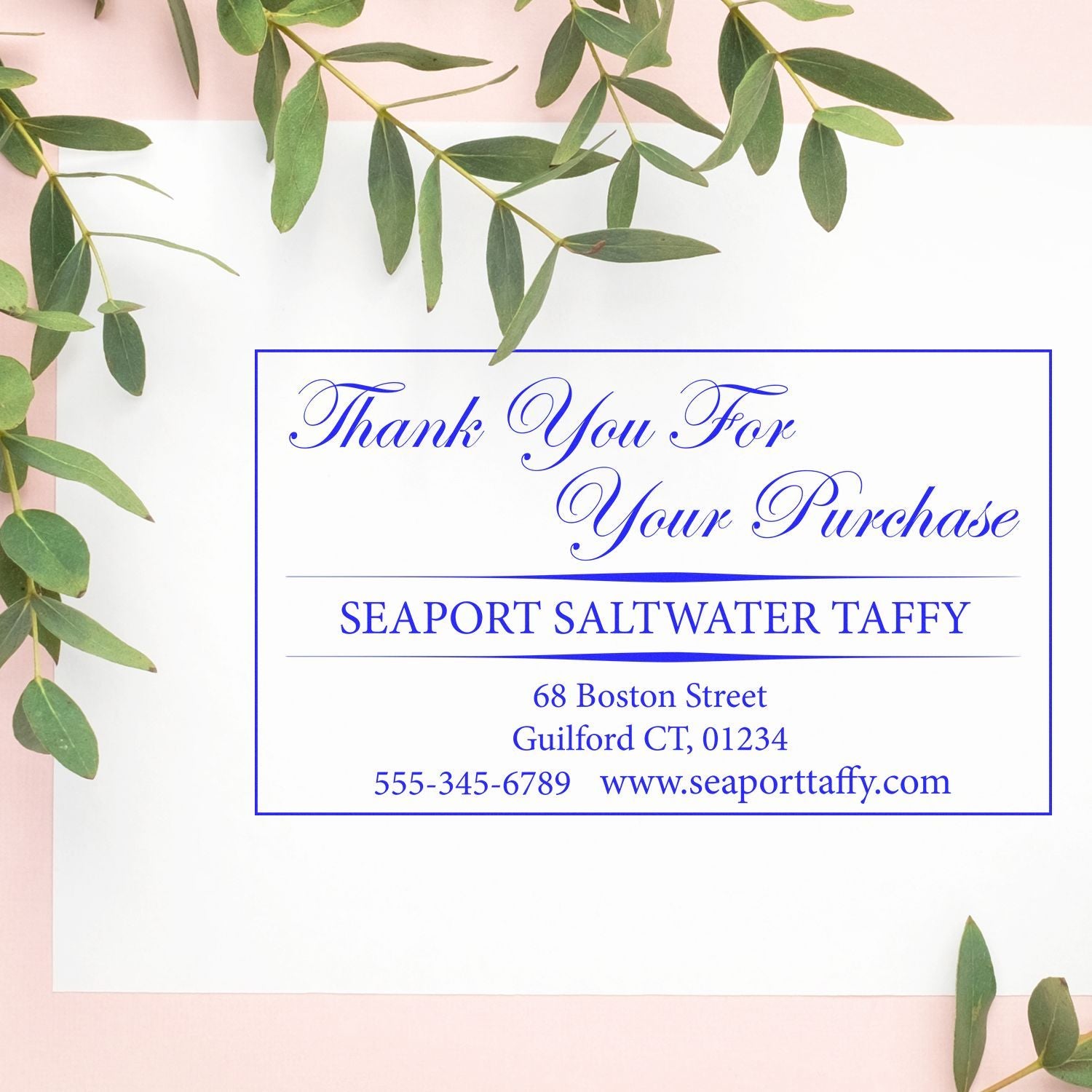 Thank you for your purchase card for Seaport Saltwater Taffy with Guilford CT address, phone, and website on pink leaf background.