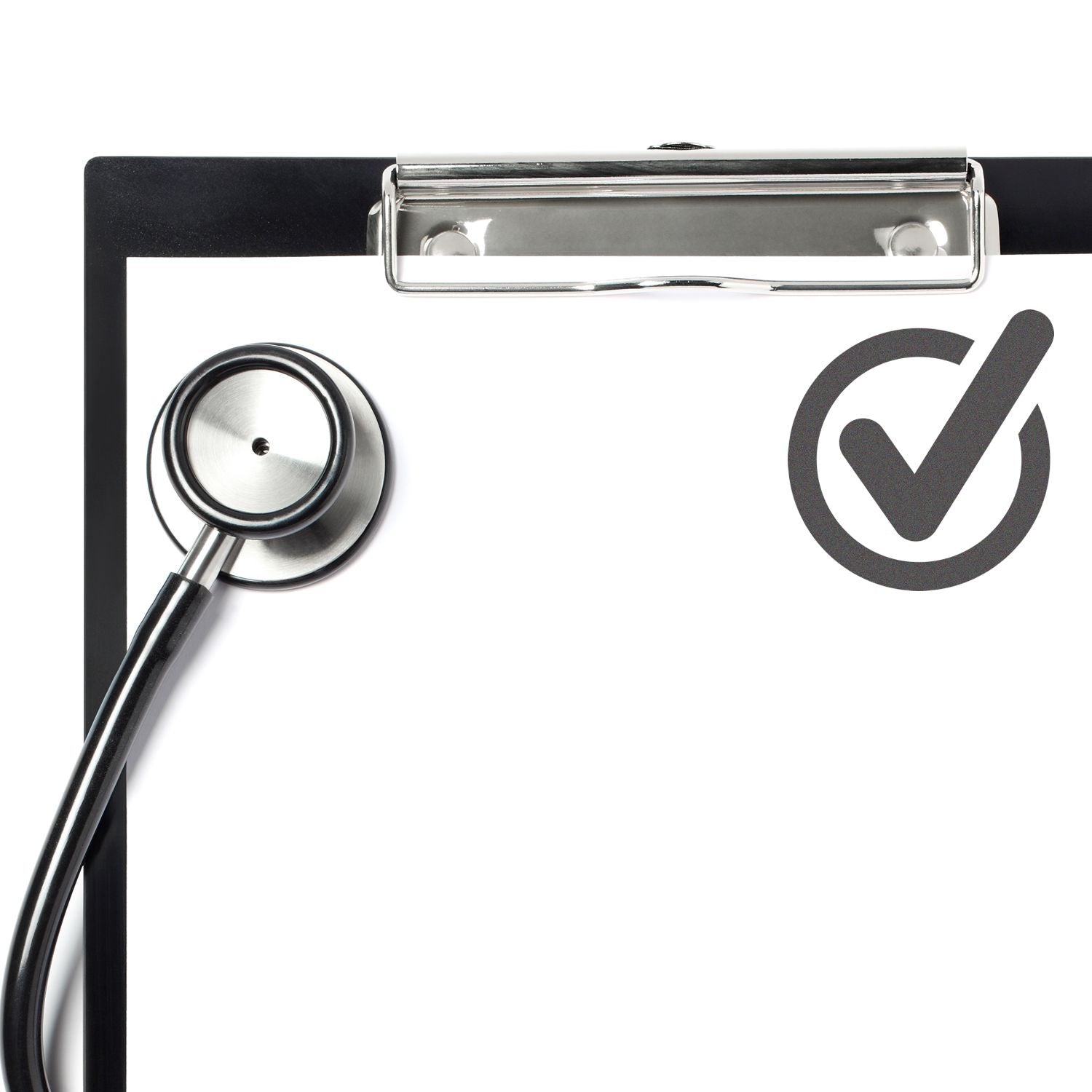 Clipboard with stethoscope and check mark icon, symbolizing healthcare approval, medical inspection, and patient care quality assurance.