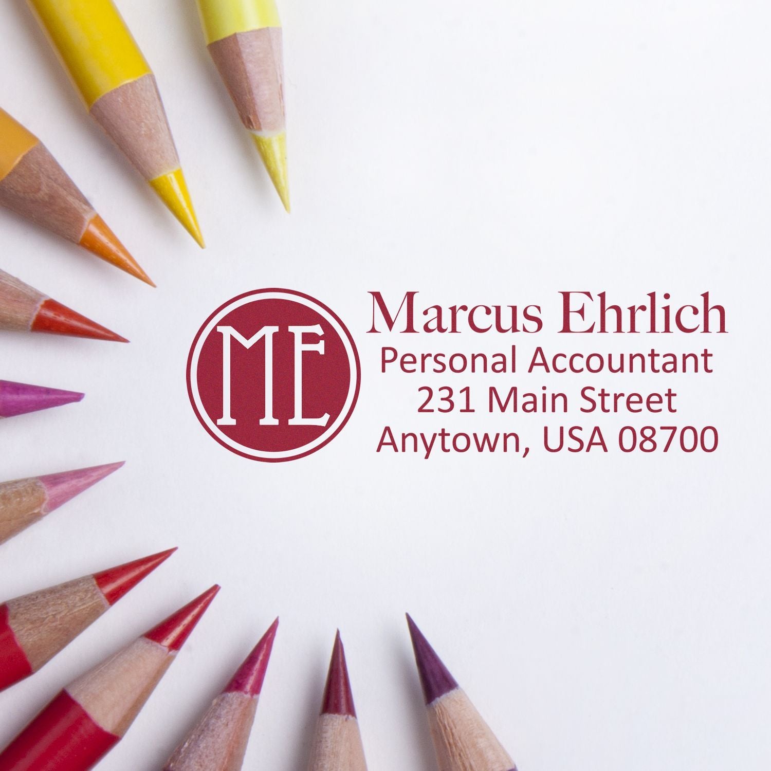 Personal accountant Marcus Ehrlich contact info with logo and address, surrounded by colored pencils.