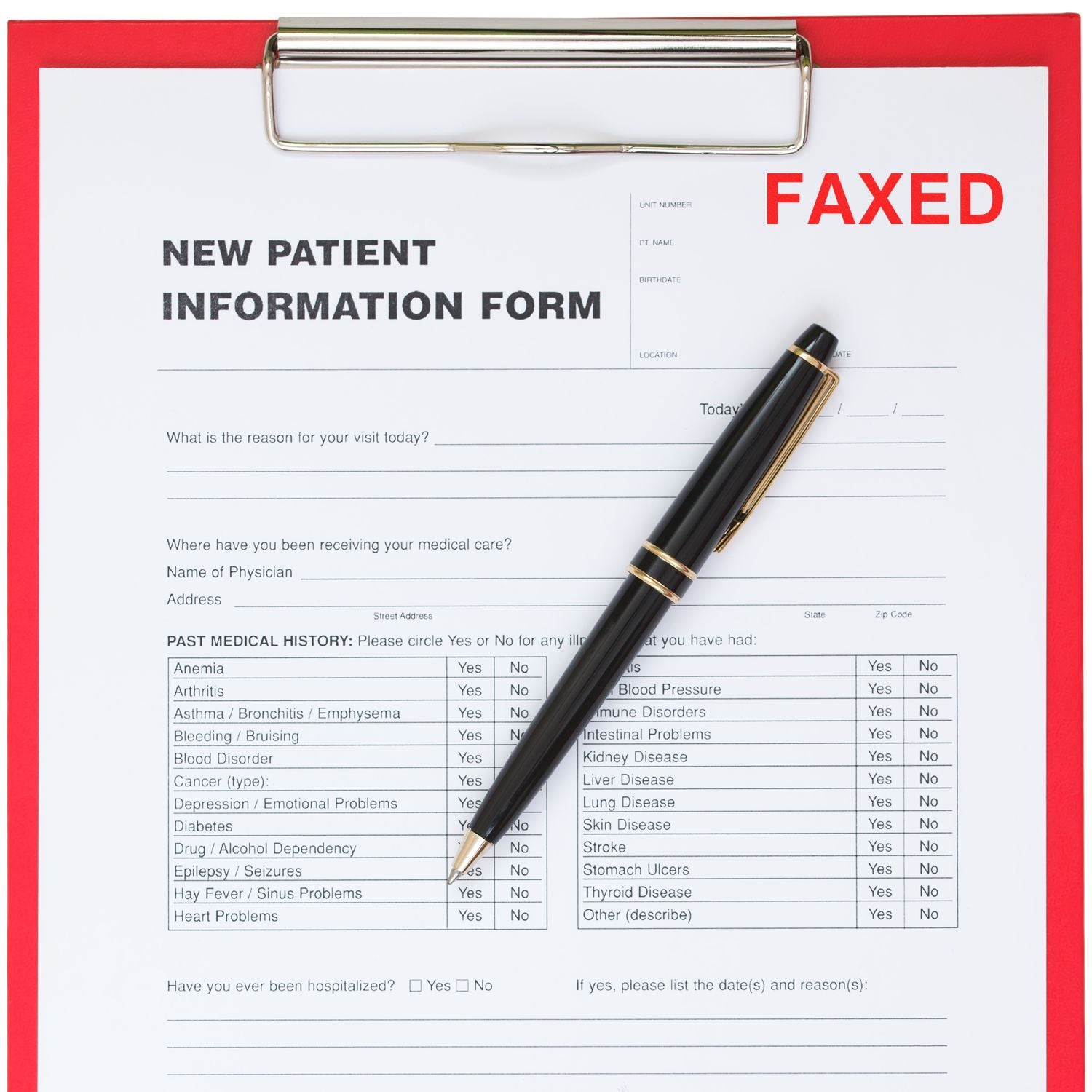 New patient information form marked FAXED with pen on medical paperworkillustrating completed patient intake and fax transmission.