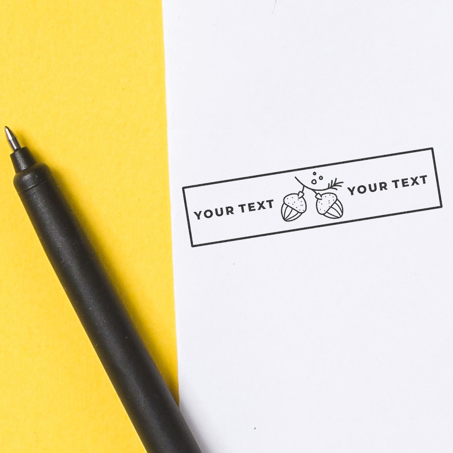 Marker pen beside a customizable 'YOUR TEXT' label template for personalized greetings on a yellow-and-white background.
