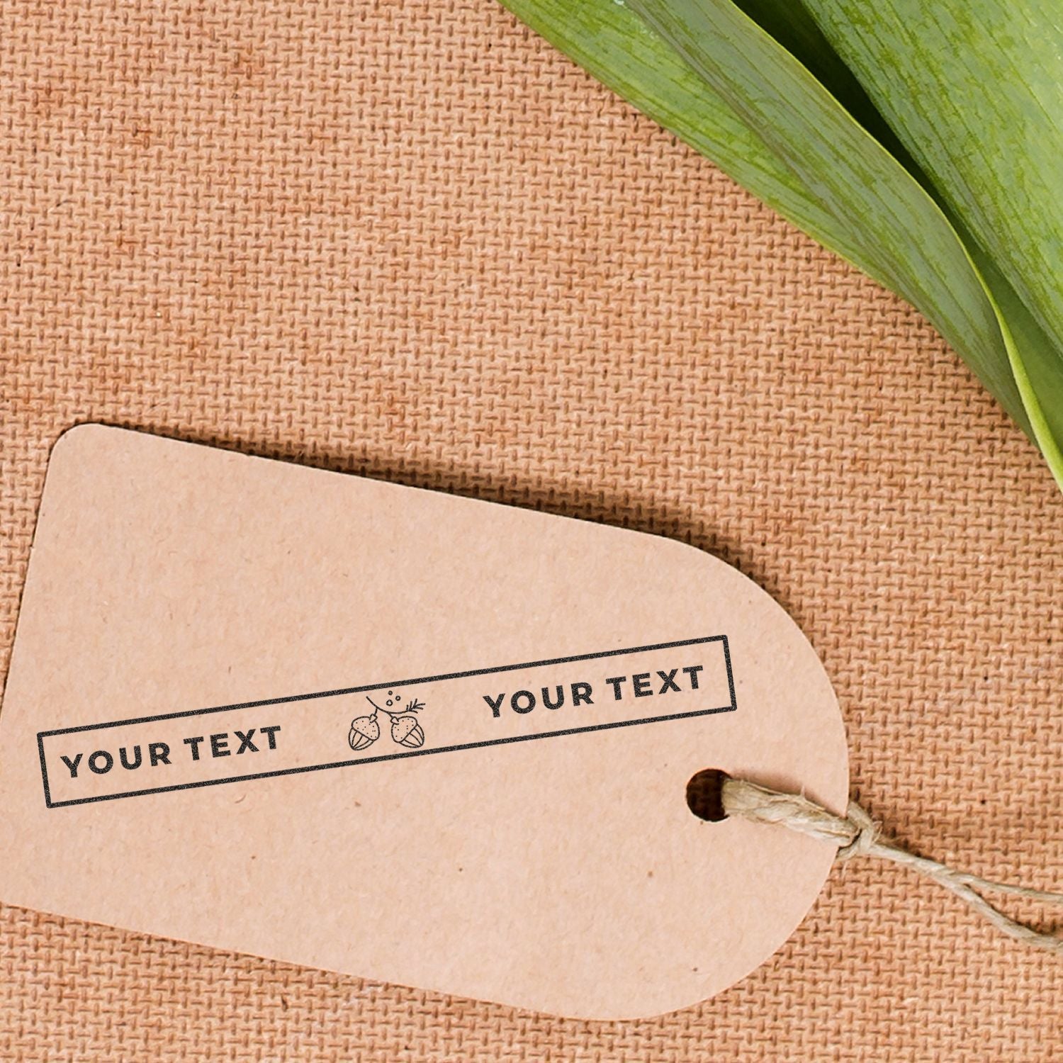 Custom kraft paper gift tag with ladybug icons and editable text on burlap, with green leaf for rustic product packaging label design.