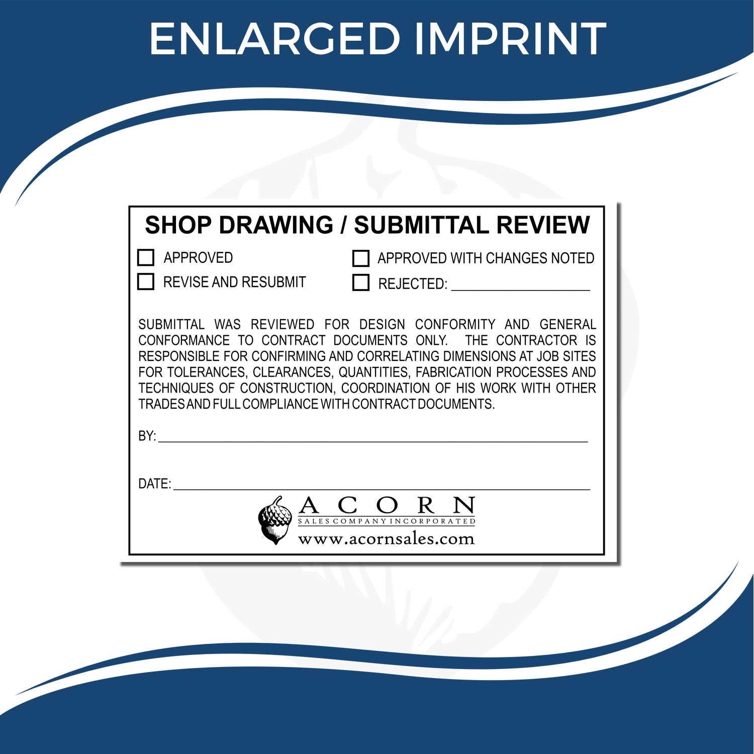 Enlarged imprint of a shop drawing submittal review approval stamp with Acorn Sales Company logo and approval checkboxes.
