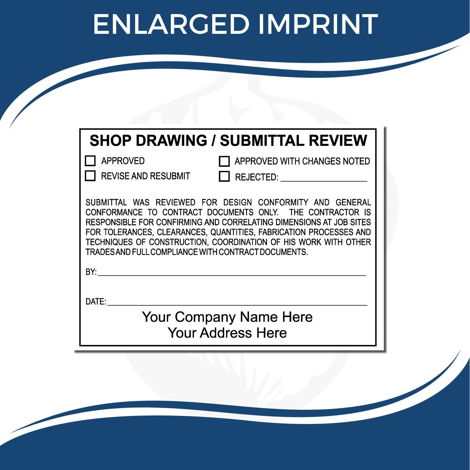 Shop drawing submittal review stamp template with approved, revise and resubmit, and rejected checkboxes for construction documents.