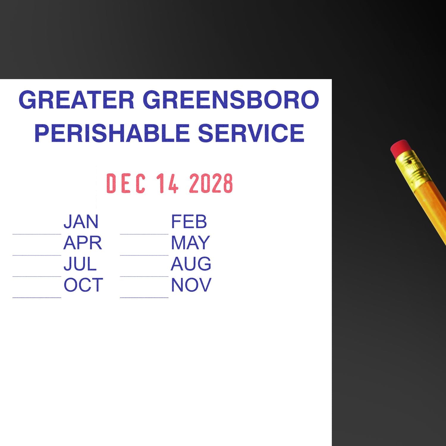Greater Greensboro Perishable Service calendar form dated Dec. 14, 2028, with month list and pencil on a dark background.