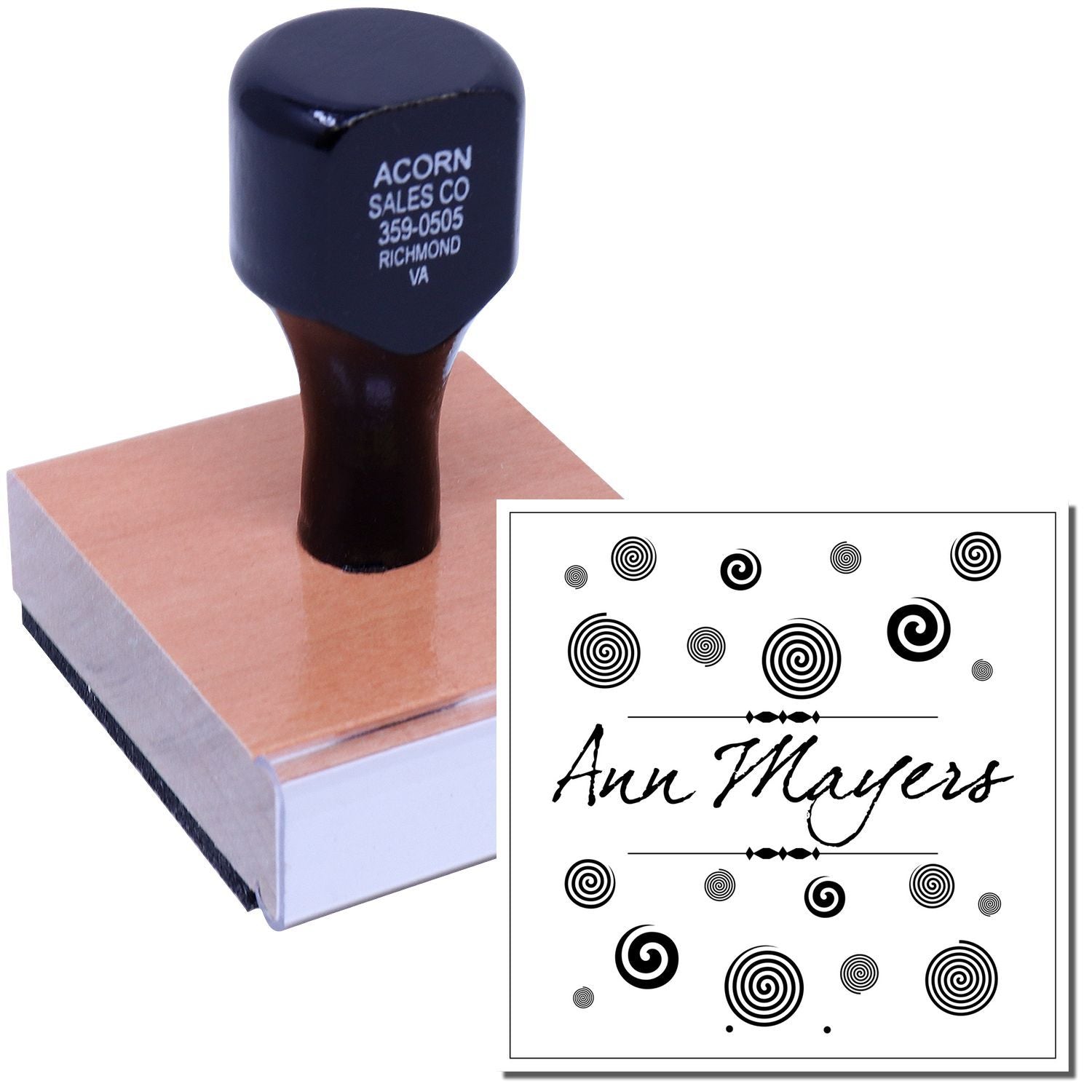 Personalized wooden rubber stamp with business address imprint and custom name design sample.