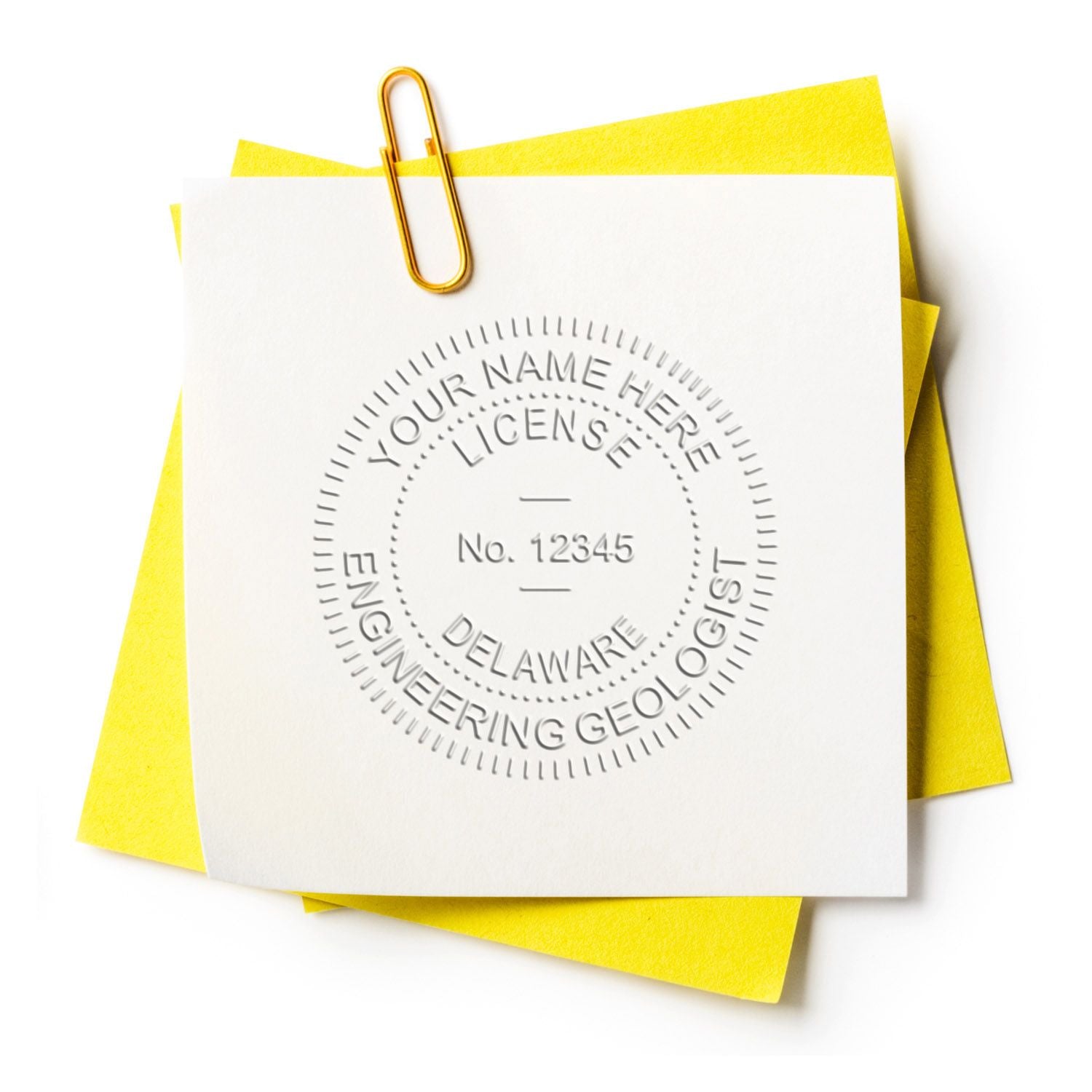 Embossed engineer geologist license seal mockup on white paper with yellow sticky notes and paperclip.