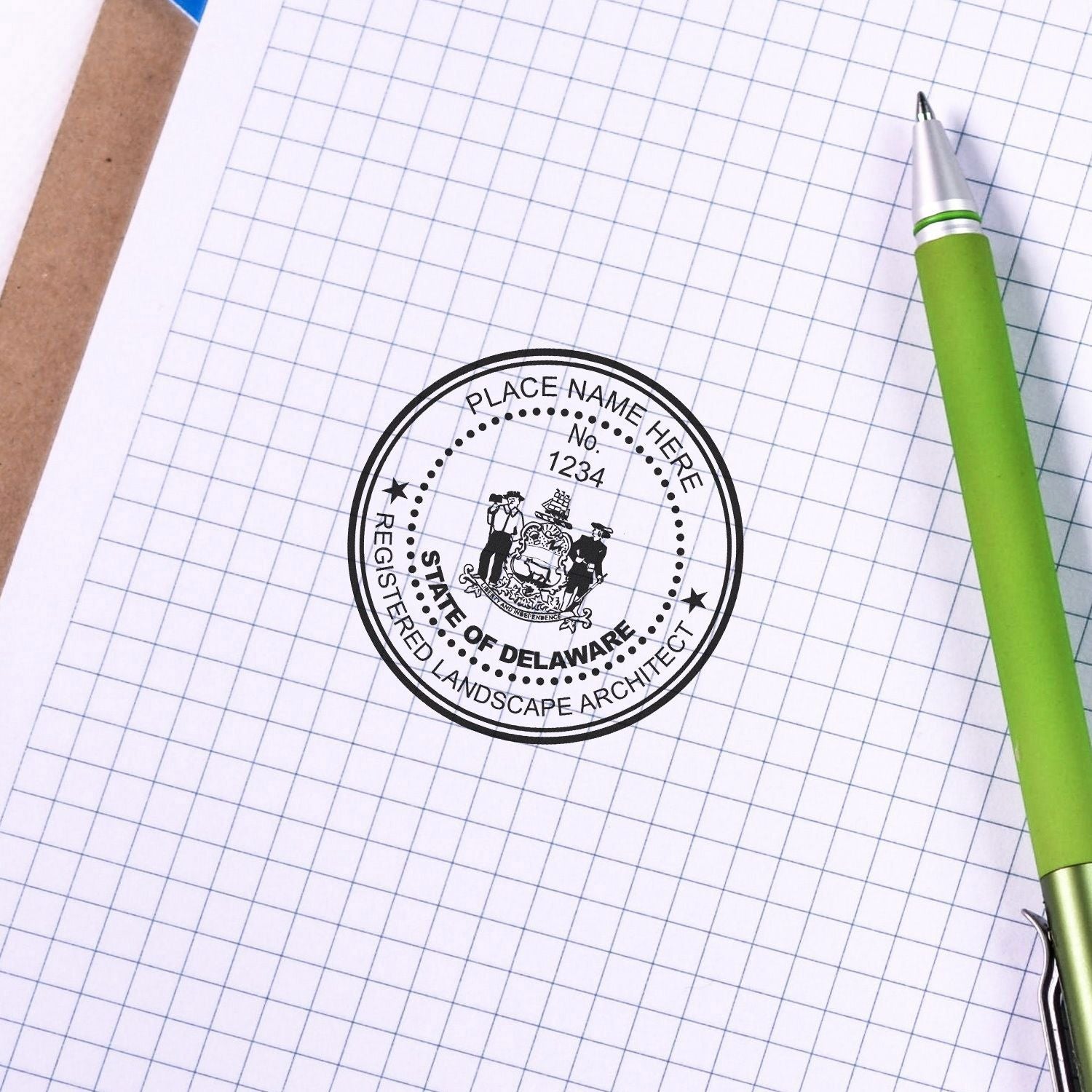 Green pen on graph paper with State of Delaware registered landscape architect stamp.