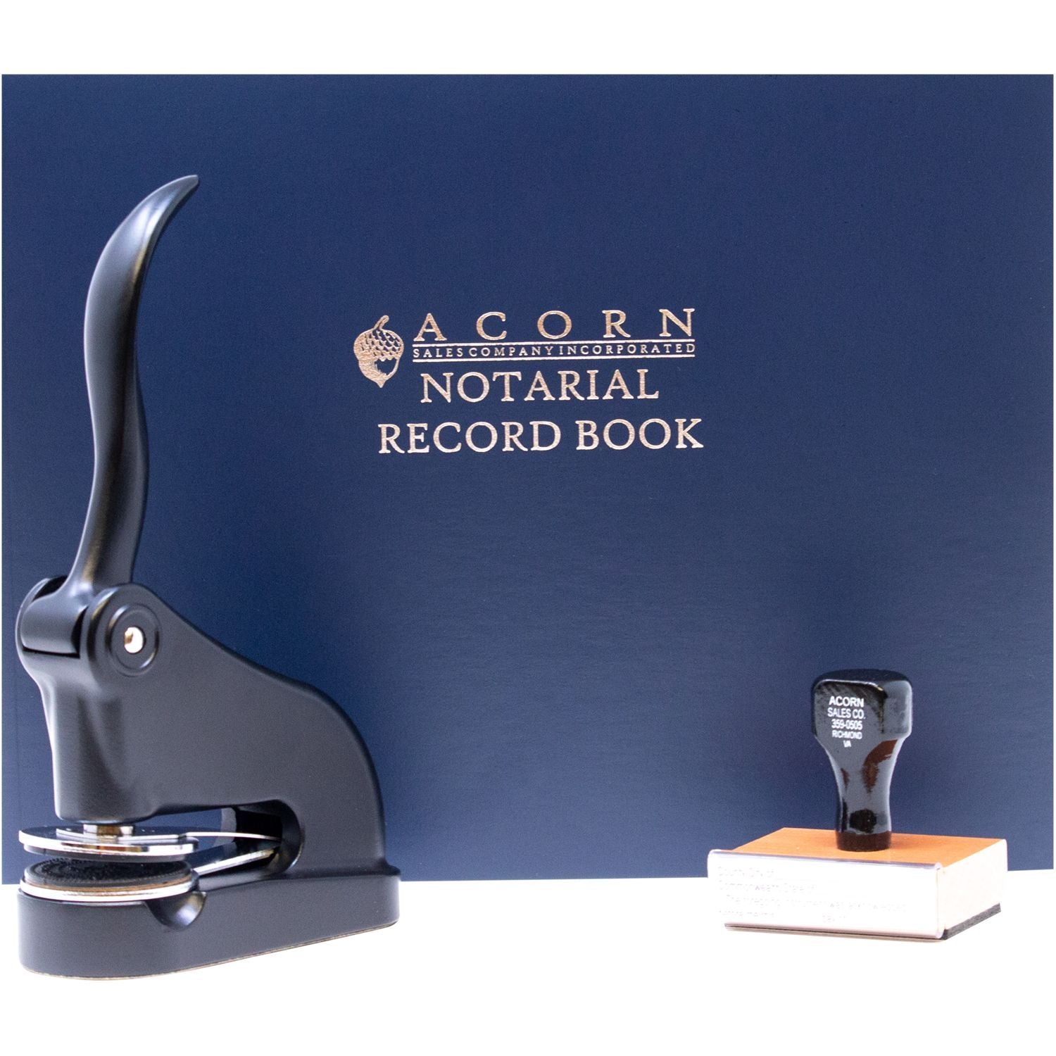 Acorn Notarial Record Book with embossing seal and notary stamp on blue cover