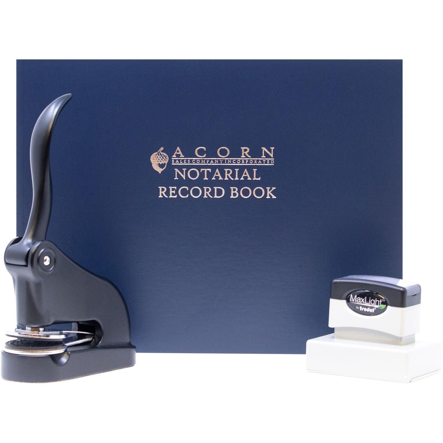 Acorn notarial record book with embosser and MaxLight notary stamp, professional notary seal supplies