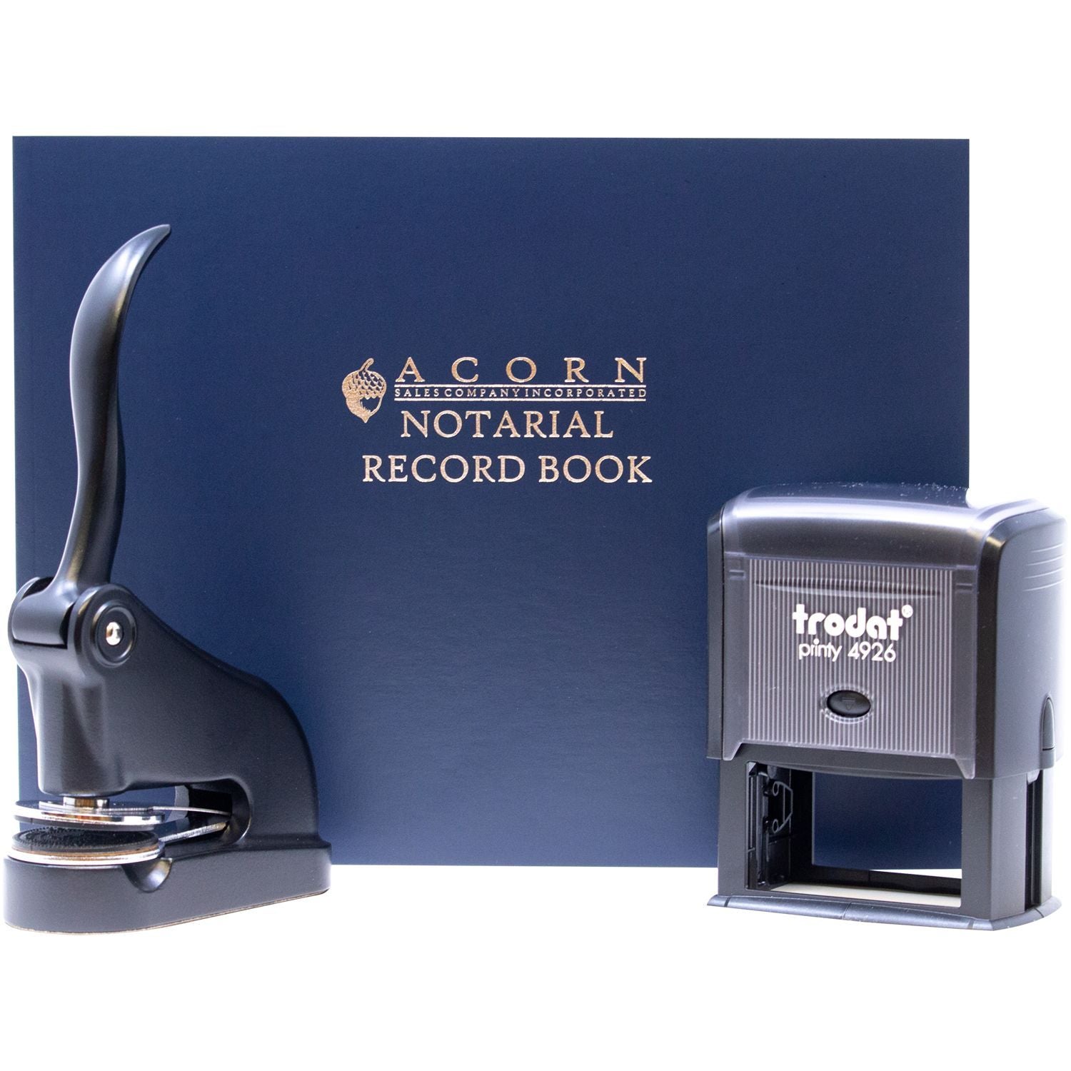 Acorn notarial record book with official notary embosser and Trodat self-inking stamp for legal document certification