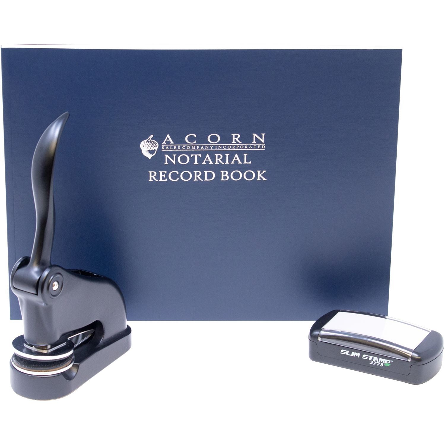 Acorn notarial record book with self-inking notary seal stamp and Slim Stamp 2773 on white background