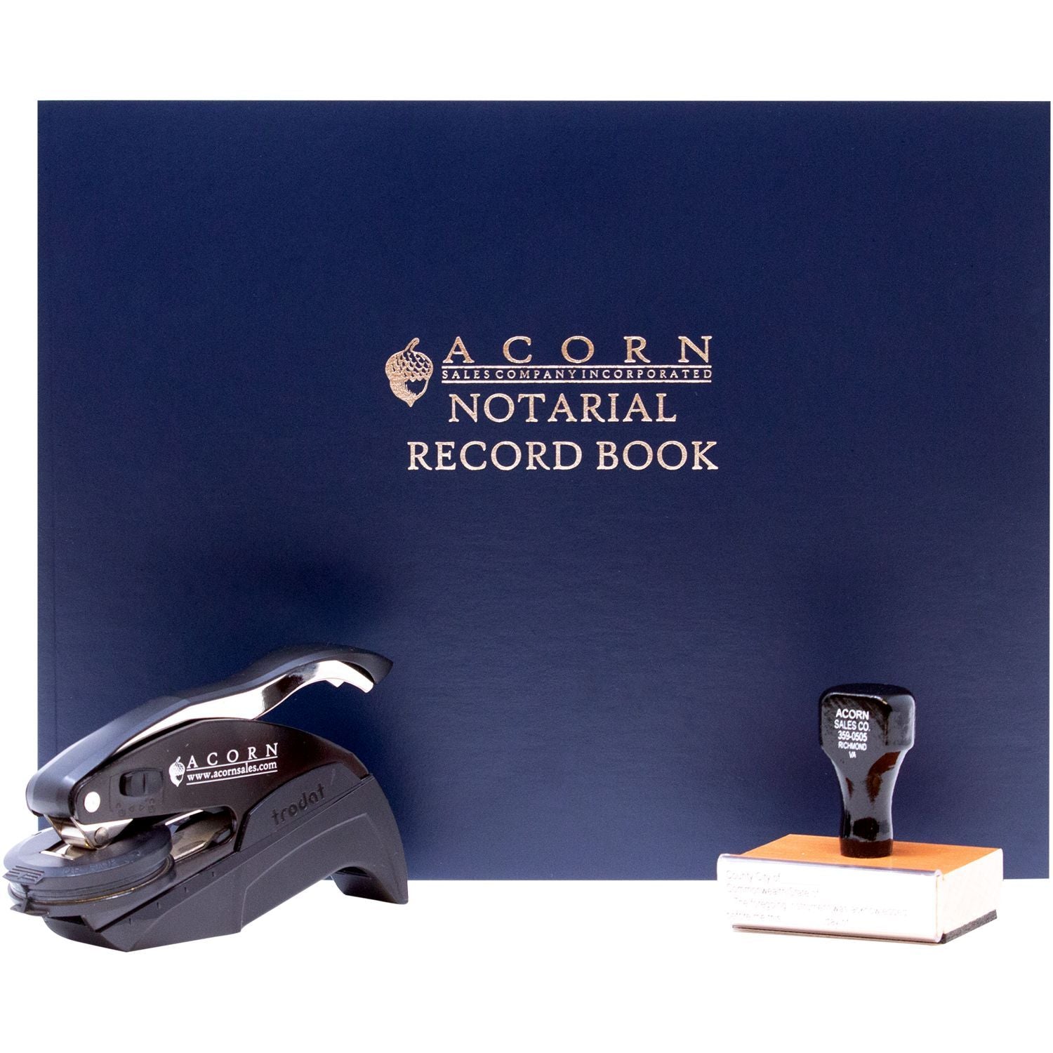 Acorn Sales Company notarial record book with official stamp and stapler, notarization office supplies set