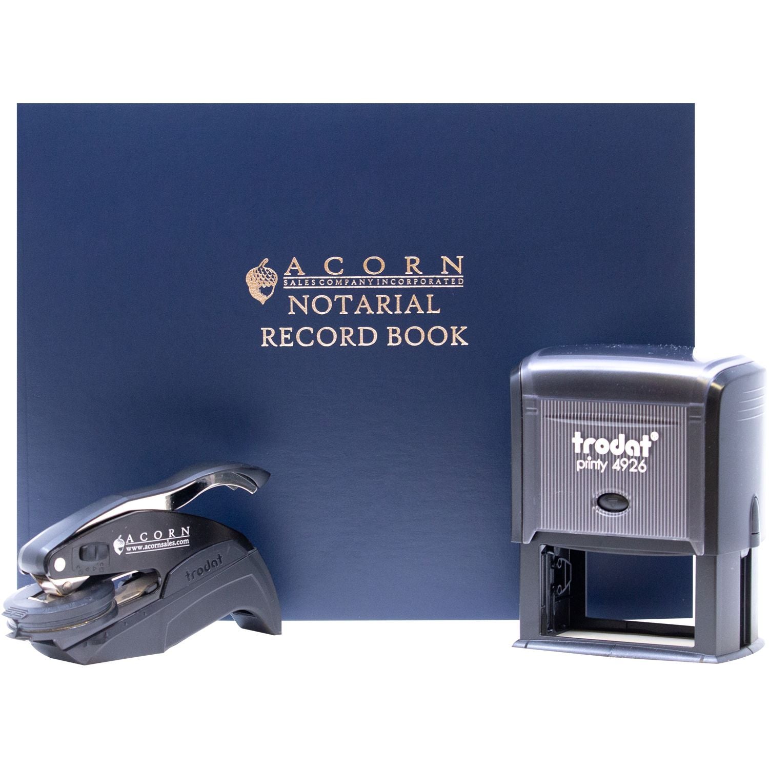 Acorn Notarial Record Book with Trodat notary stamp and seal embosser on white background