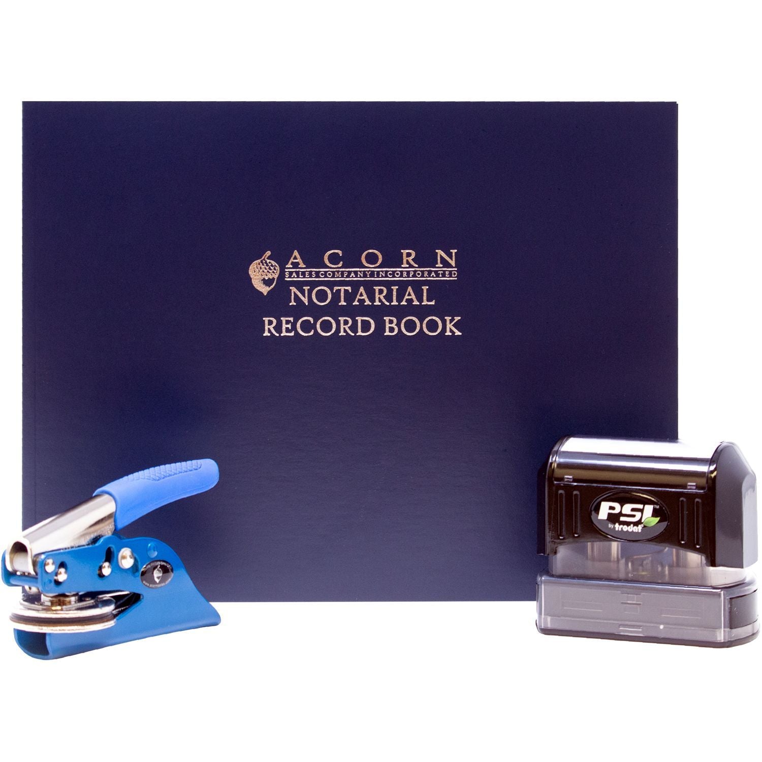 Acorn Sales notarial record book with blue notary embosser and PSI self-inking stamp on white background