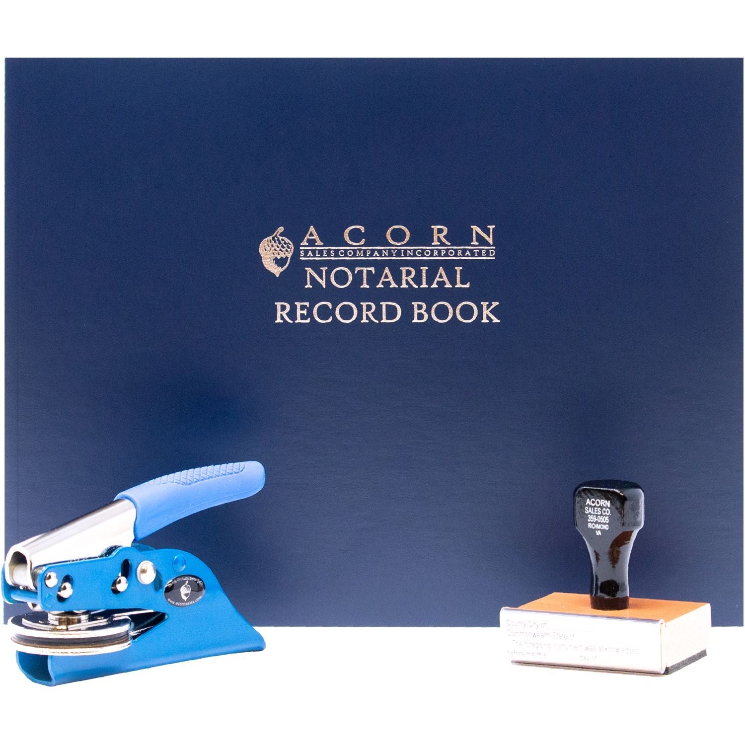 Acorn Notarial Record Book with blue notary embosser and official notary stamp set