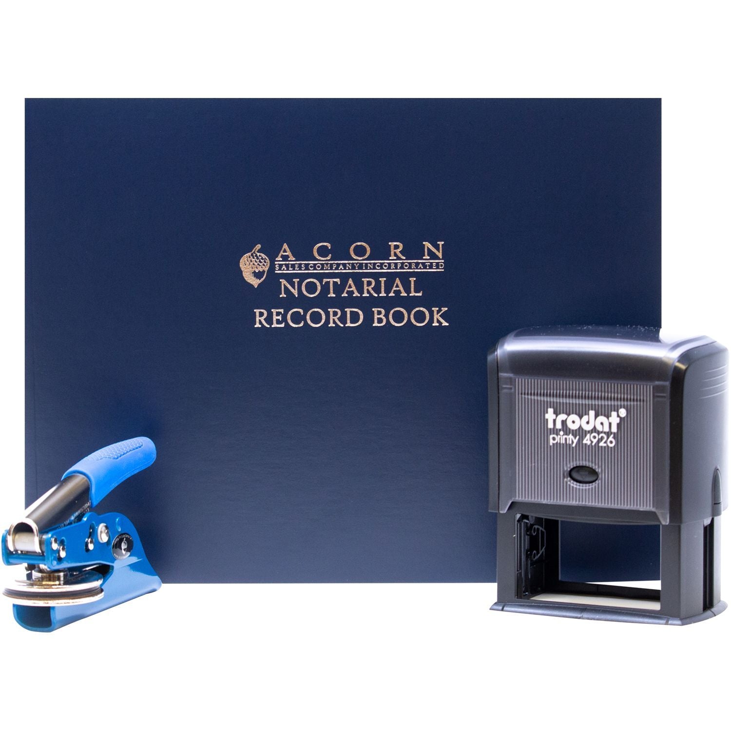 Acorn Notarial Record Book with Trodat self-inking stamp and blue notary embosser for professional document authentication.