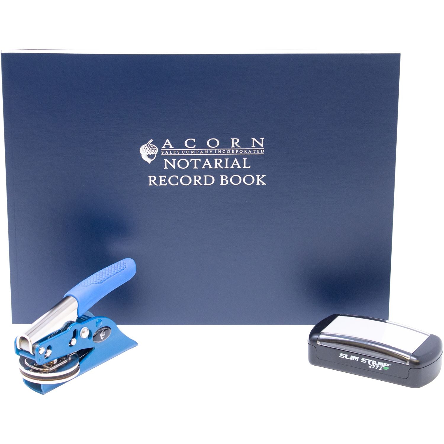 Acorn Notarial Record Book with blue notary embosser and Slim Stamp, professional notary supplies set