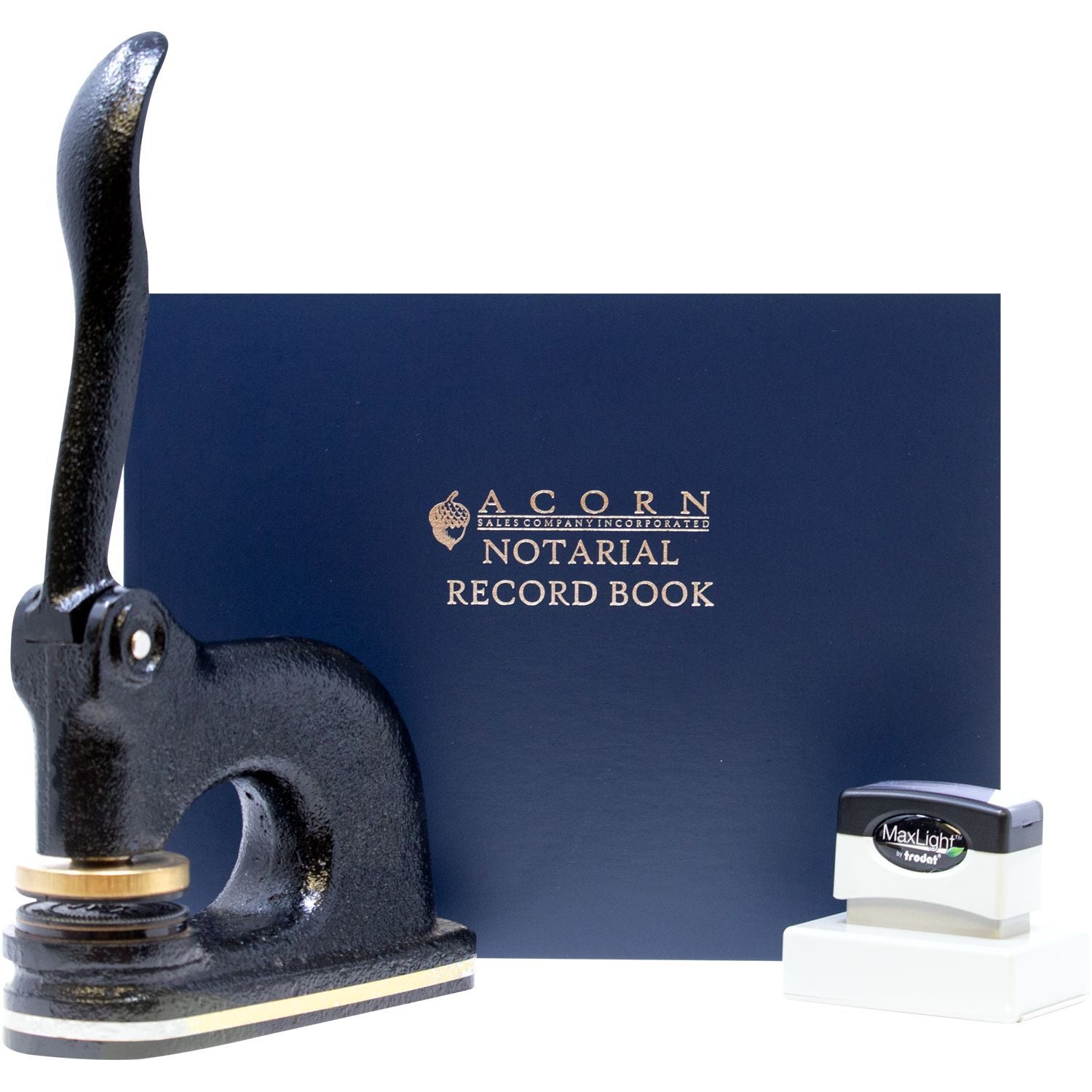 Notary public seal embosser, MaxLight stamp, and Acorn notarial record book for professional notarization supplies.