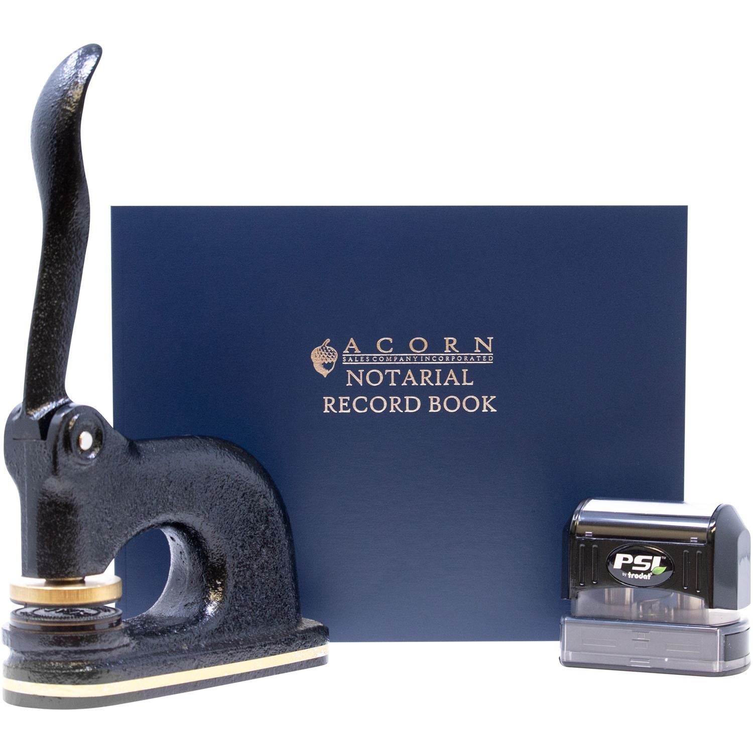Notary public kit with Acorn Notarial Record Book, heavy-duty embosser seal, and PSI self-inking stamp.