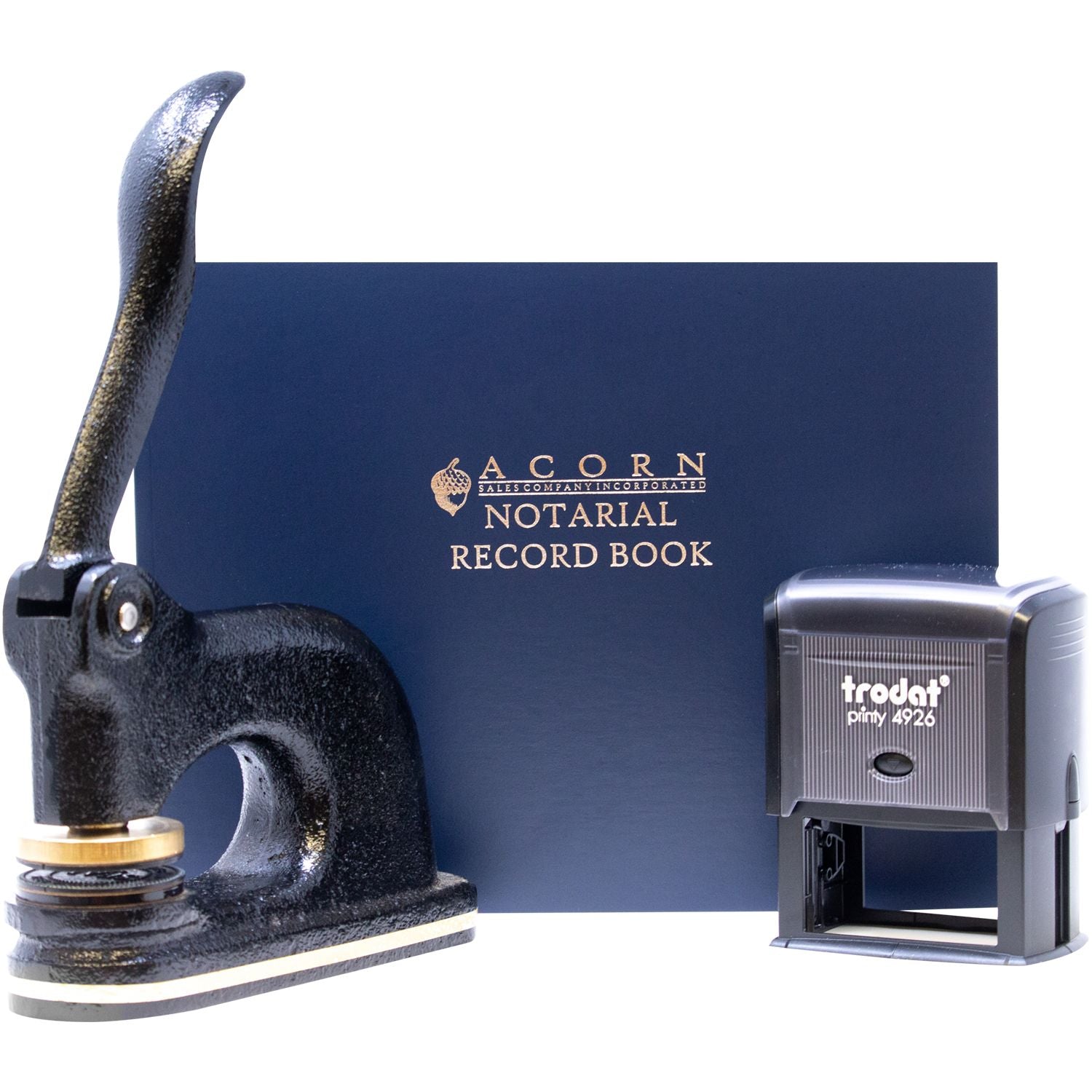 Notary public seal embosser, Trodat stamp, and Acorn Notarial Record Book on white background