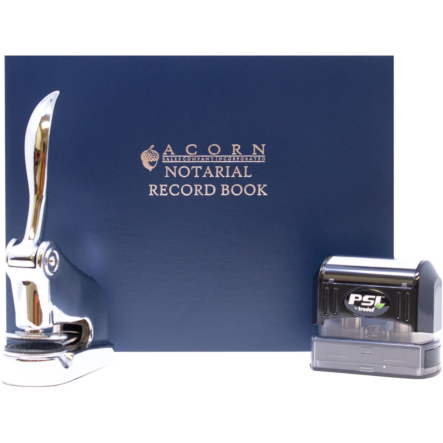 Acorn Notarial Record Book with embosser and PSI Trodat notary stamp on white background