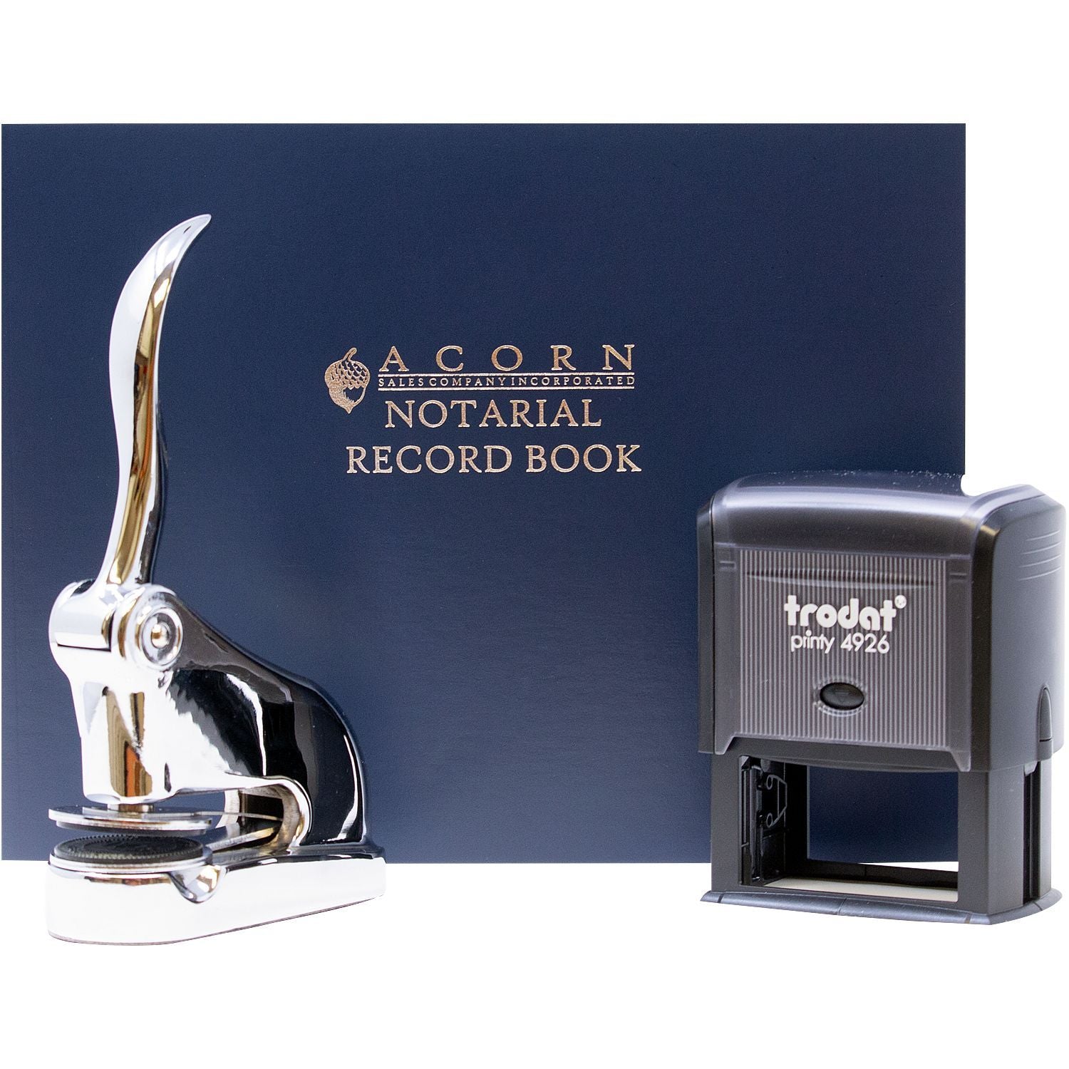 Acorn Notarial Record Book with chrome embossing seal press and Trodat Printy 4926 self-inking stamp for notary supplies